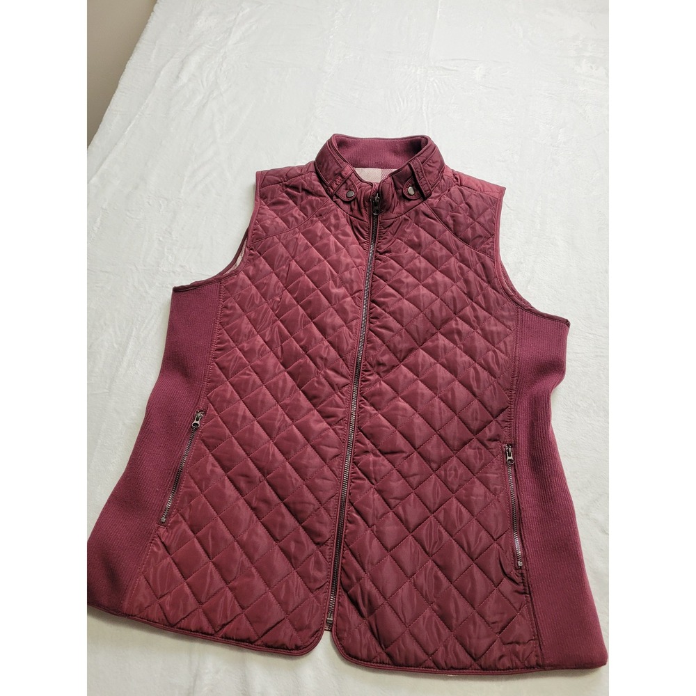 Market & Spruce Quilted Vest Women XL Burgundy Ribbed Side Plaid Line